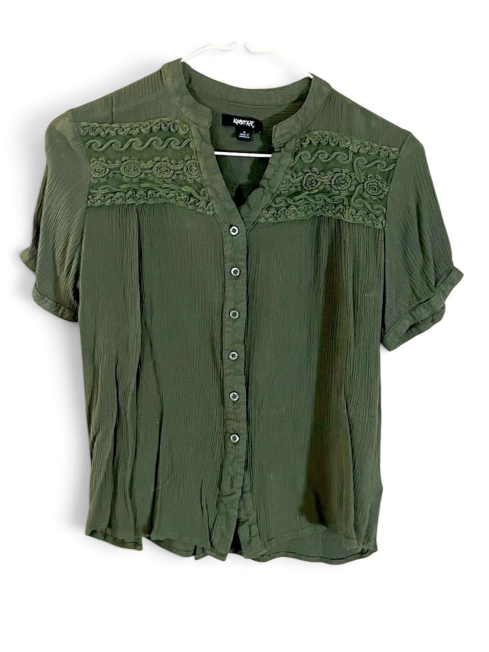 krazy kat Olive Green Lace Detail Button Down Linen Cropped Top